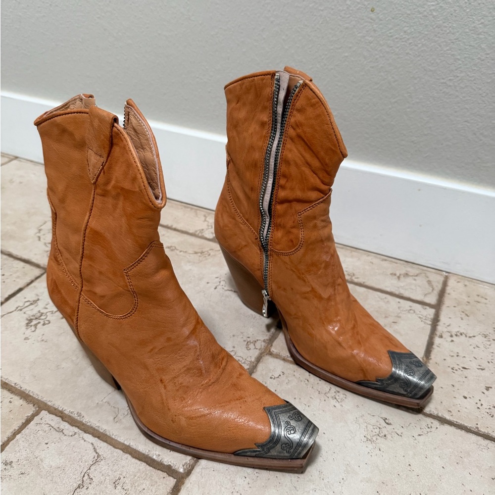 Free People Tan Leather Western Ankle Boots with Silver Toe Caps
